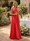 Satin A-Line Halter Pleated Formal Tent/ Trapeze Dresses