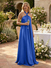 Satin A-Line Halter Pleated Formal Tent/ Trapeze Dresses