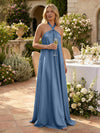 Satin A-Line Halter Pleated Formal Tent/ Trapeze Dresses