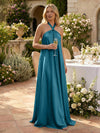 Satin A-Line Halter Pleated Formal Tent/ Trapeze Dresses