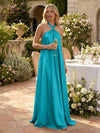 Satin A-Line Halter Pleated Formal Tent/ Trapeze Dresses