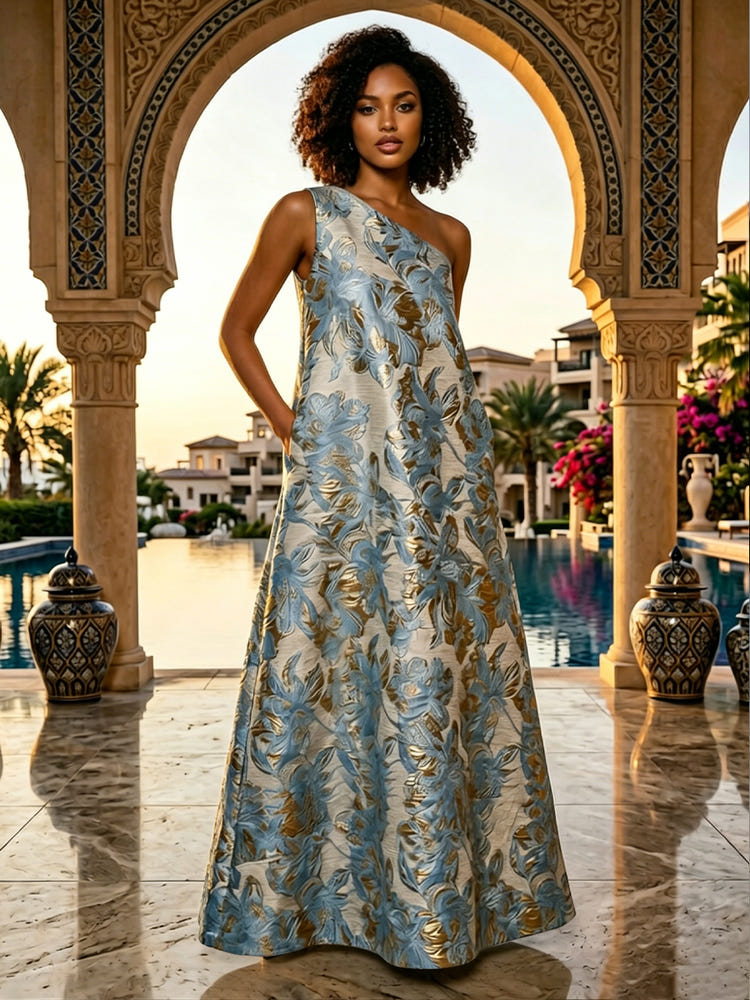 Jacquard A-Line One Shoulder Floral Formal Dresses