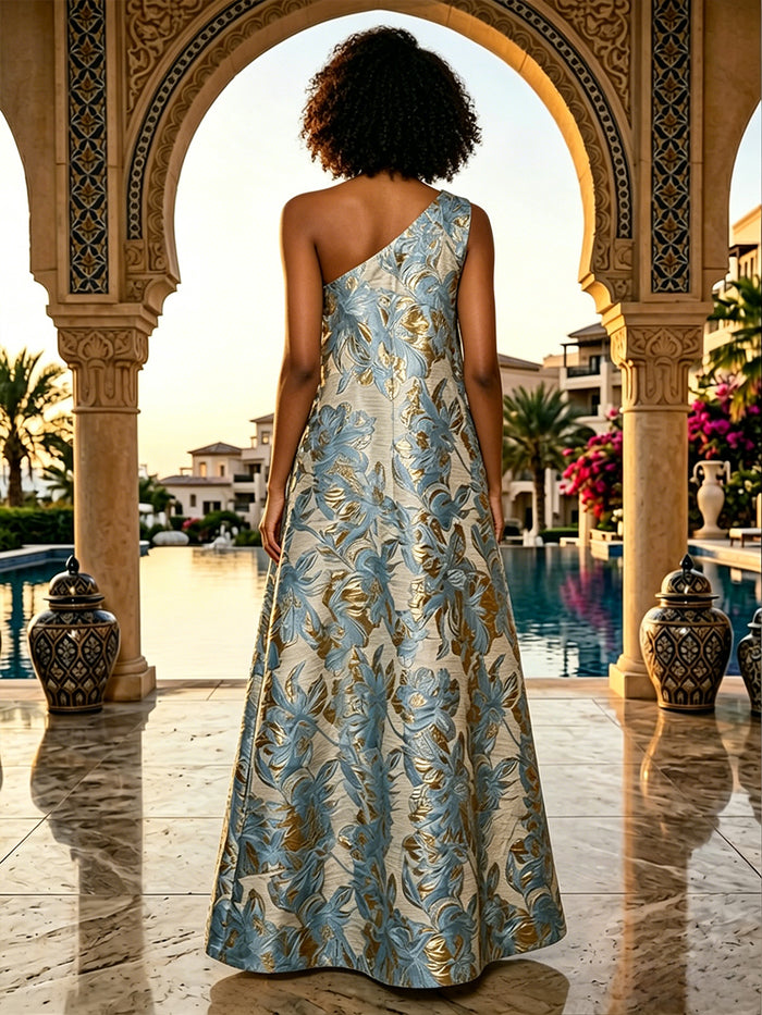 Jacquard A-Line One Shoulder Floral Formal Dresses