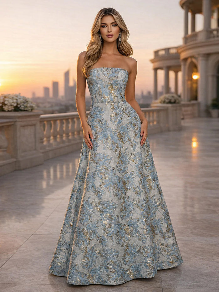 Jacquard A-Line Strapless Floral Formal Dresses