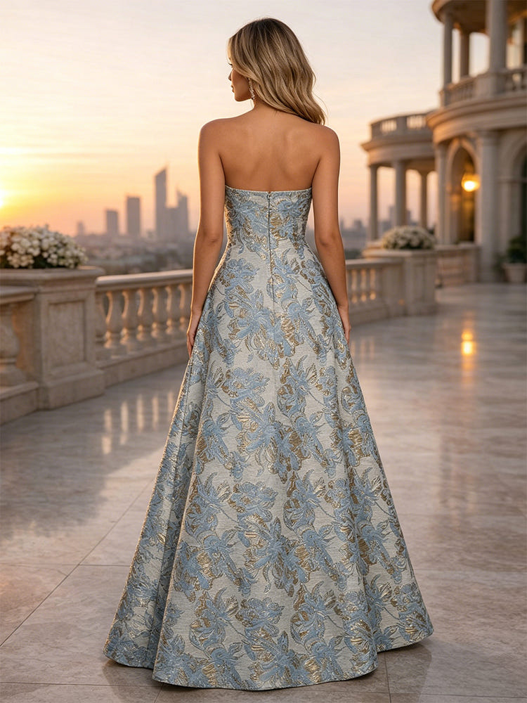 Jacquard A-Line Strapless Floral Formal Dresses