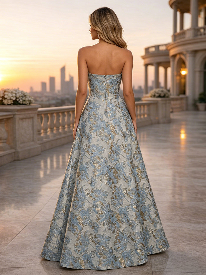 Jacquard A-Line Strapless Floral Formal Dresses