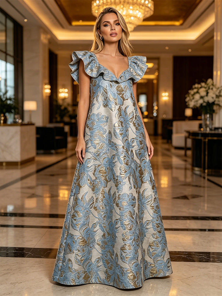 Jacquard A-Line V Neck Floral Formal Dresses
