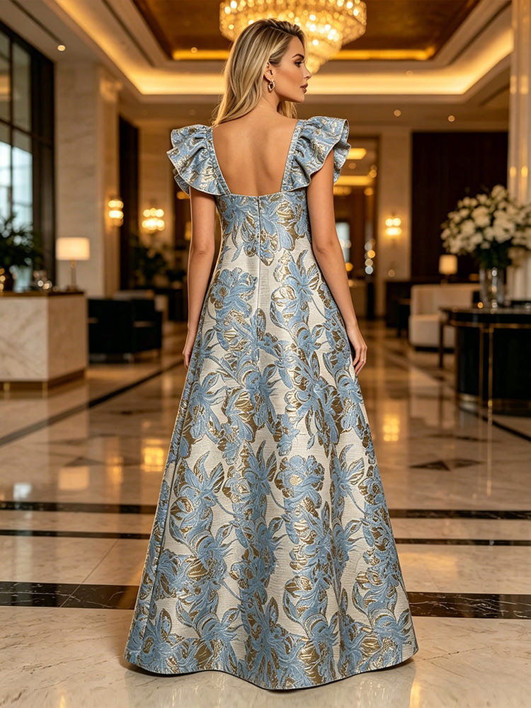 Jacquard A-Line V Neck Floral Formal Dresses