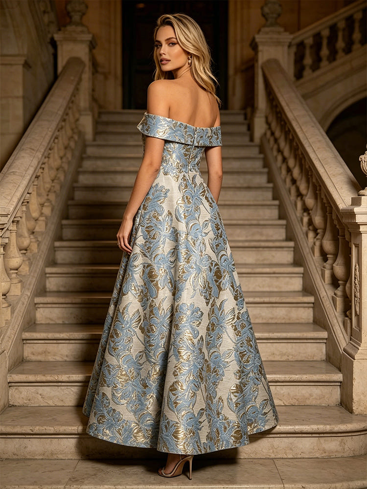 Jacquard A-Line Off the Shoulder Floral Formal Dresses