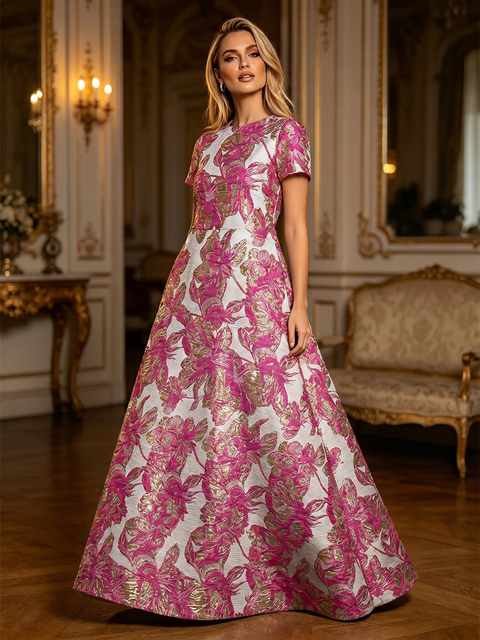 Jacquard A-Line Crew Neck Floral Formal Dresses