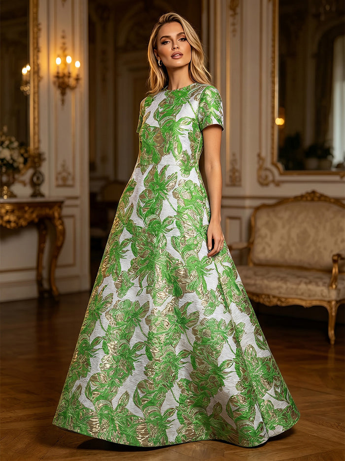 Jacquard A-Line Crew Neck Floral Formal Dresses