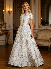 Jacquard A-Line Crew Neck Floral Formal Dresses
