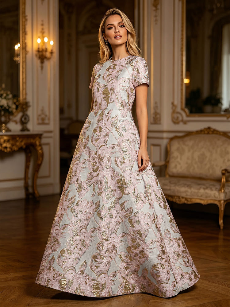 Jacquard A-Line Crew Neck Floral Formal Dresses