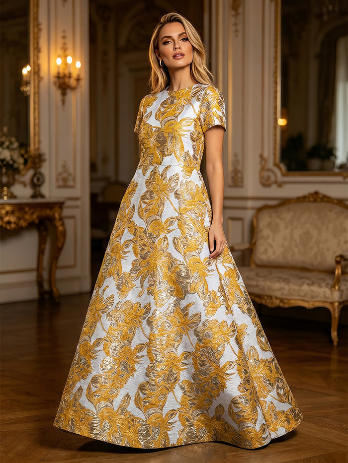Jacquard A-Line Crew Neck Floral Formal Tent/ Trapeze Dresses