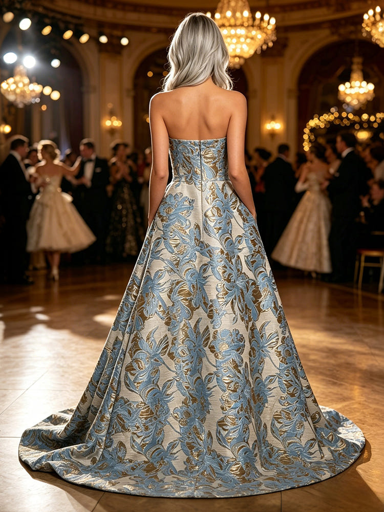 Jacquard A-Line Strapless Floral Formal Dresses