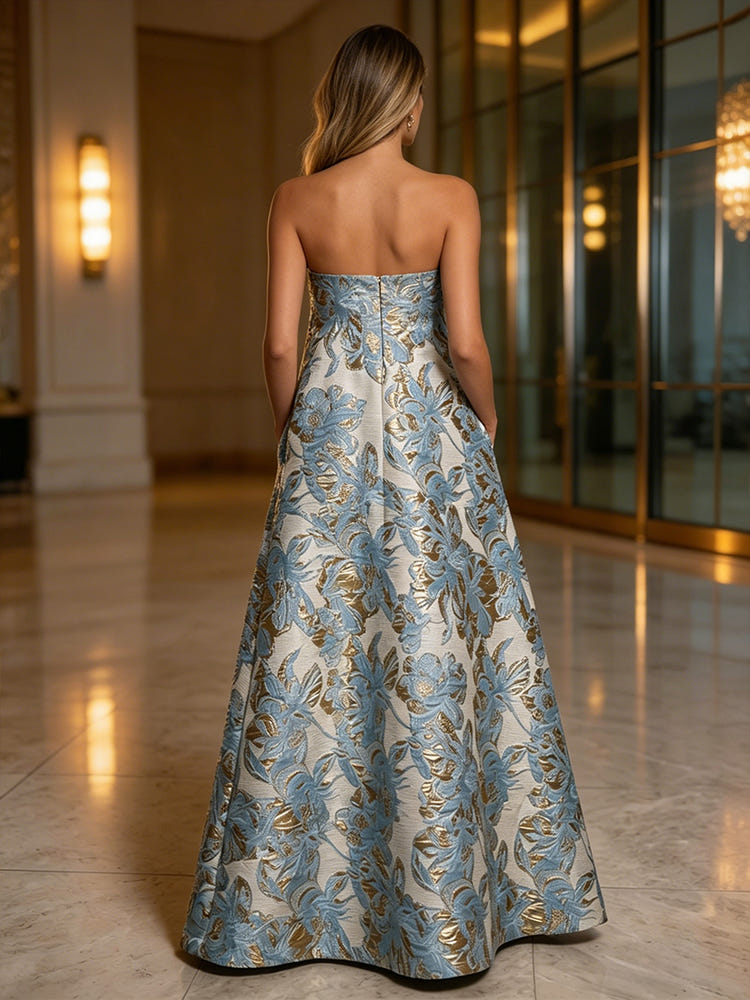 Jacquard A-Line Strapless Floral Formal Dresses