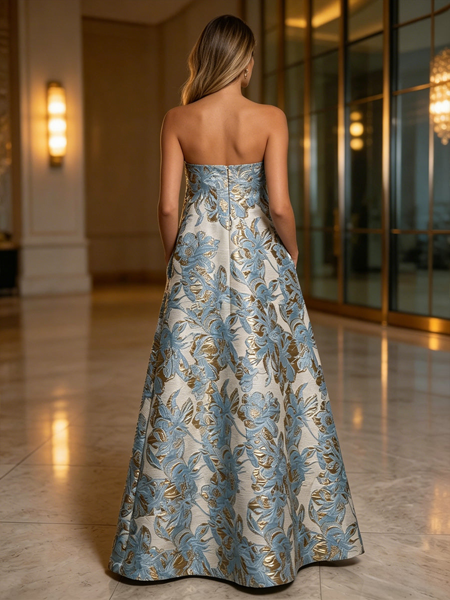 Jacquard A-Line Strapless Floral Formal Dresses