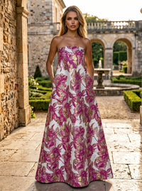 Jacquard A-Line Strapless Floral Formal Dresses