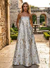 Jacquard A-Line Strapless Floral Formal Dresses