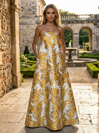 Jacquard A-Line Strapless Floral Formal Dresses