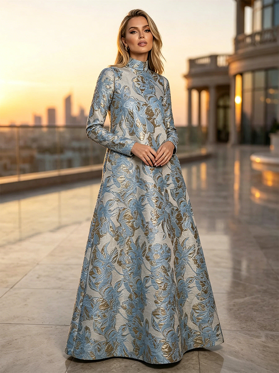 Jacquard A-Line High Neck Floral Formal Dresses