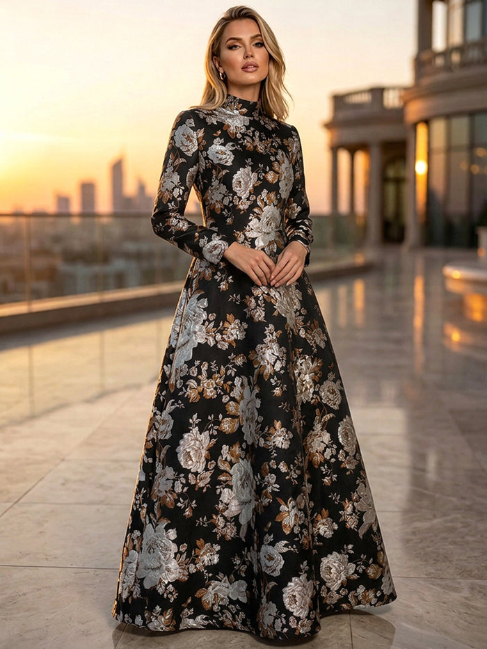 Jacquard A-Line High Neck Floral Formal Tent/ Trapeze Dresses
