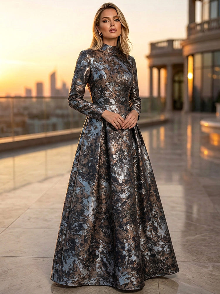 Jacquard A-Line High Neck Floral Formal Tent/ Trapeze Dresses