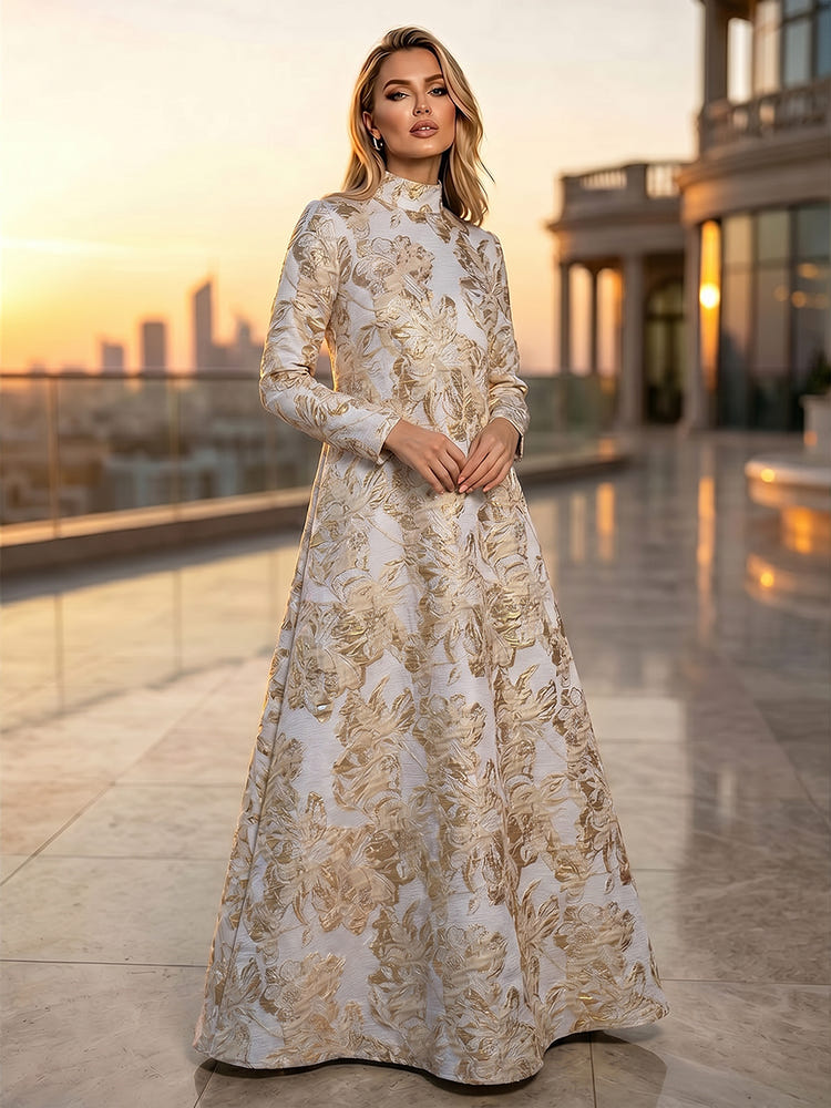 Jacquard A-Line High Neck Floral Formal Dresses