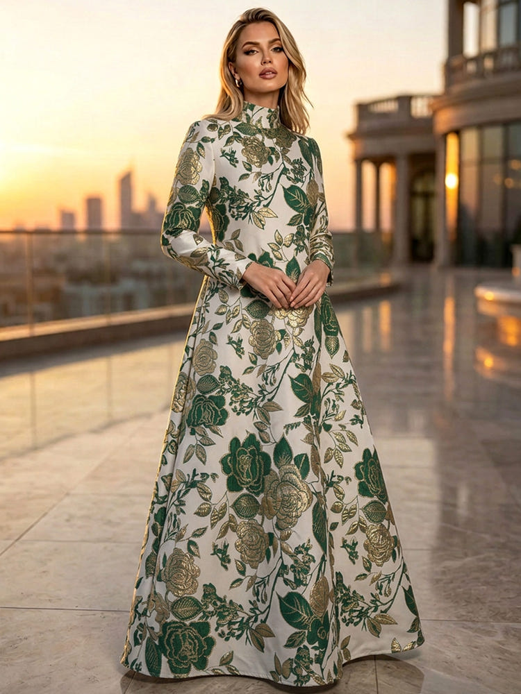 Jacquard A-Line High Neck Floral Formal Tent/ Trapeze Dresses