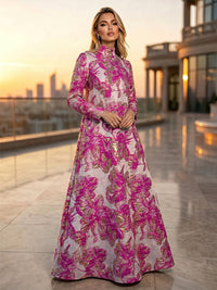 Jacquard A-Line High Neck Floral Formal Dresses