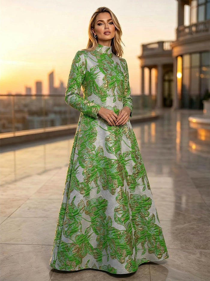 Jacquard A-Line High Neck Floral Formal Dresses