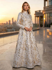 Jacquard A-Line High Neck Floral Formal Dresses