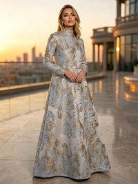 Jacquard A-Line High Neck Floral Formal Dresses