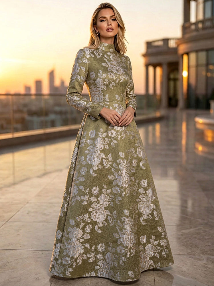 Jacquard A-Line High Neck Floral Formal Tent/ Trapeze Dresses