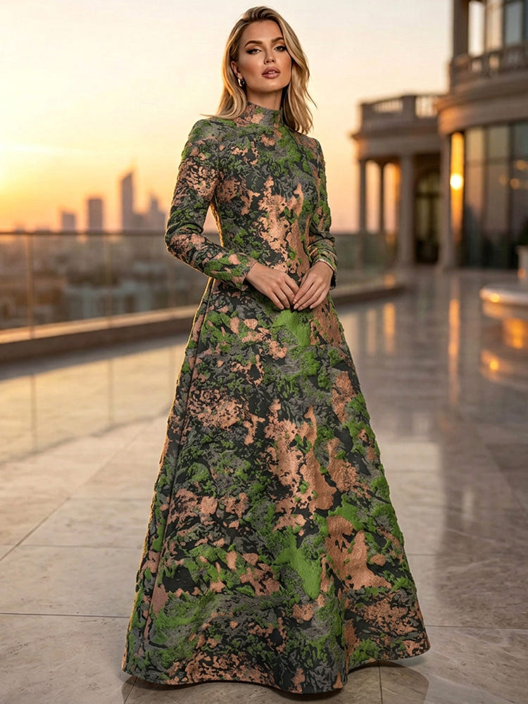 Jacquard A-Line High Neck Floral Formal Tent/ Trapeze Dresses
