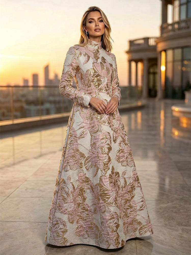 Jacquard A-Line High Neck Floral Formal Dresses