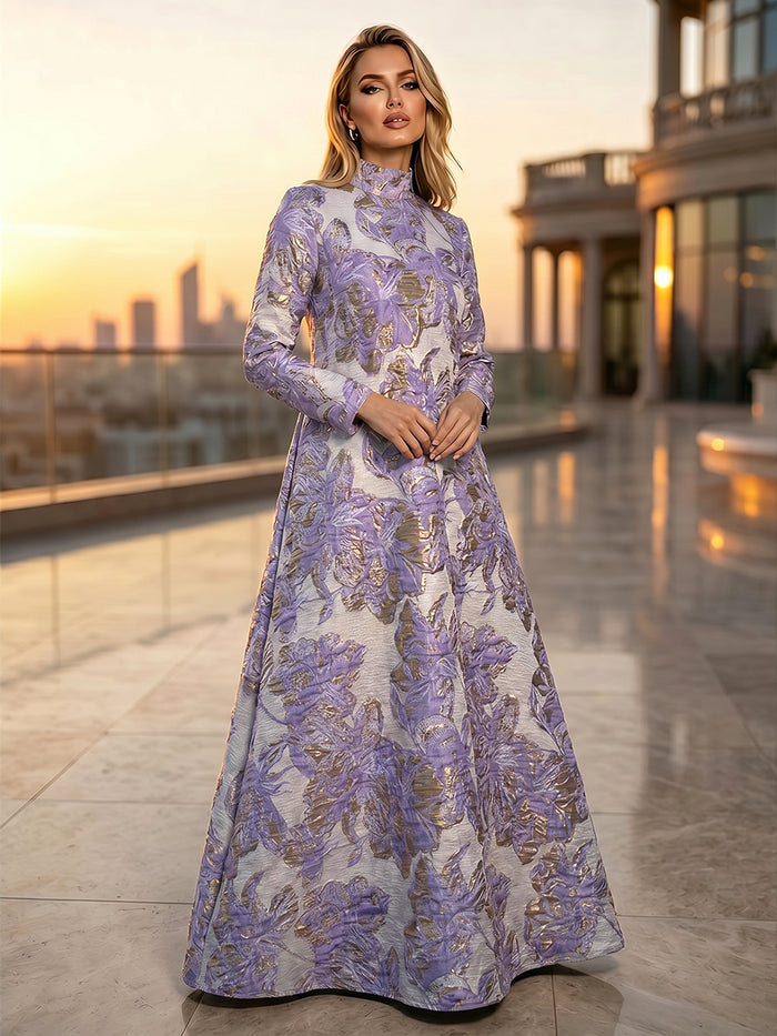 Jacquard A-Line High Neck Floral Formal Dresses
