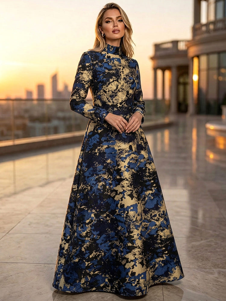 Jacquard A-Line High Neck Floral Formal Tent/ Trapeze Dresses