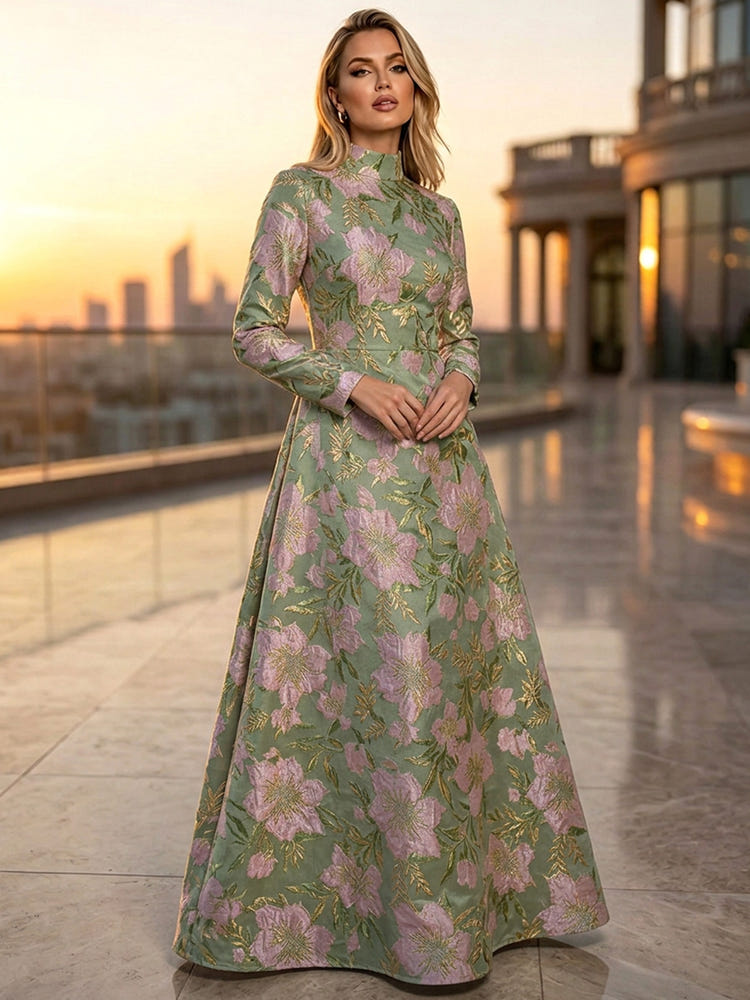 Jacquard A-Line High Neck Floral Formal Tent/ Trapeze Dresses