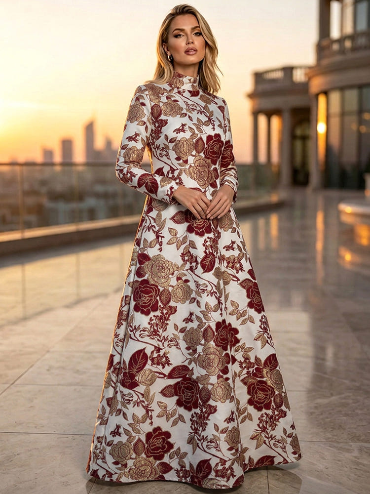 Jacquard A-Line High Neck Floral Formal Tent/ Trapeze Dresses