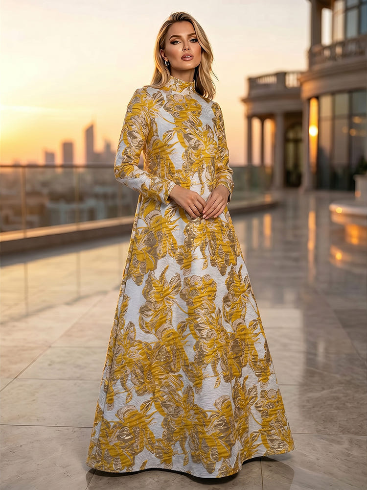 Jacquard A-Line High Neck Floral Formal Dresses