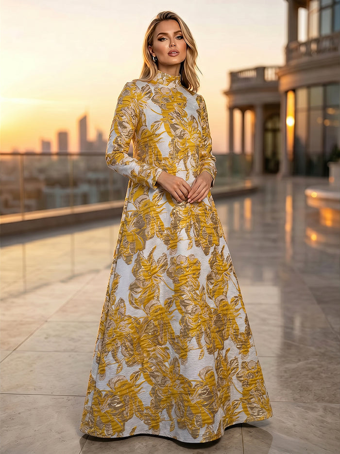 Jacquard A-Line High Neck Floral Formal Dresses
