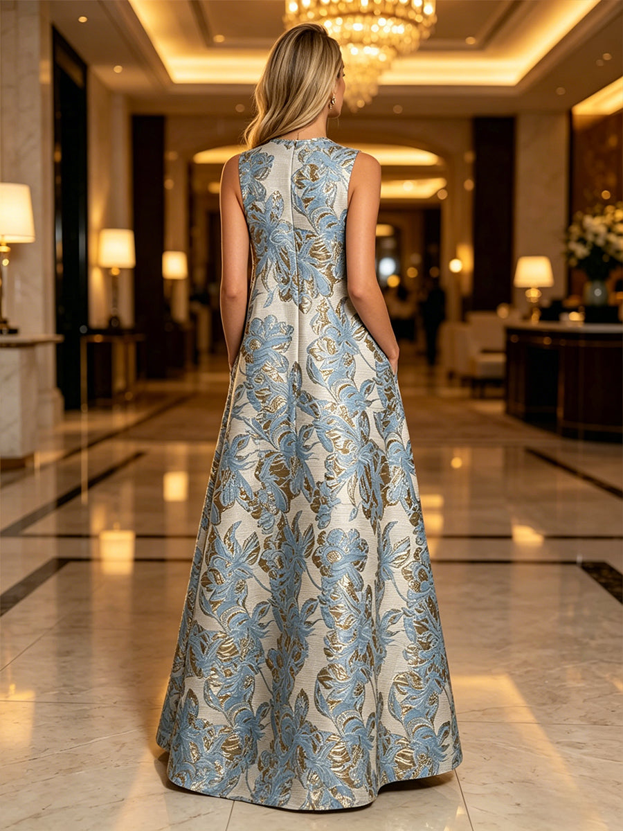 Jacquard A-Line Crew Neck Floral Formal Dresses