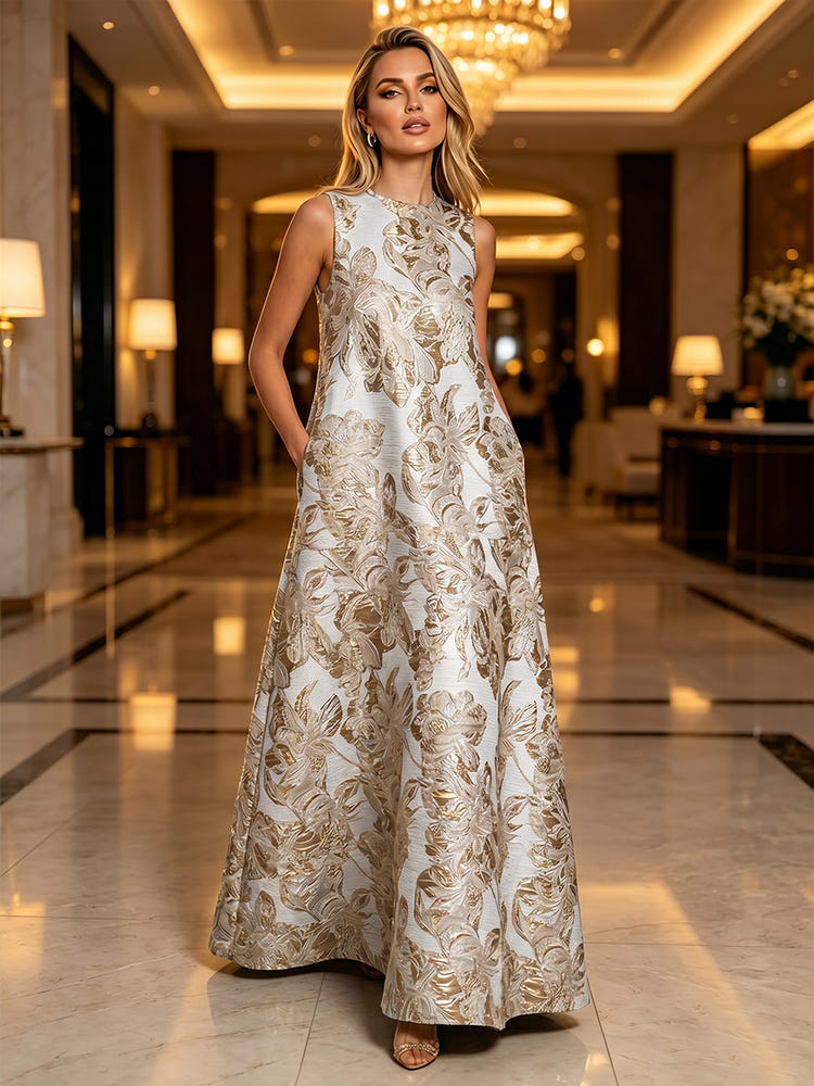 Jacquard A-Line Crew Neck Floral Formal Dresses