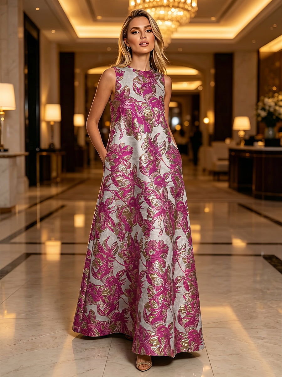 Jacquard A-Line Crew Neck Floral Formal Dresses