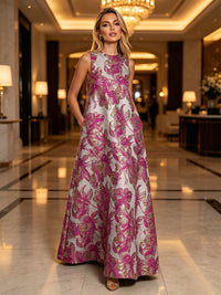 Jacquard A-Line Crew Neck Floral Formal Dresses