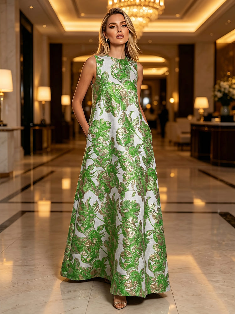 Jacquard A-Line Crew Neck Floral Formal Dresses