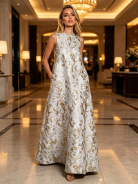 Jacquard A-Line Crew Neck Floral Formal Dresses