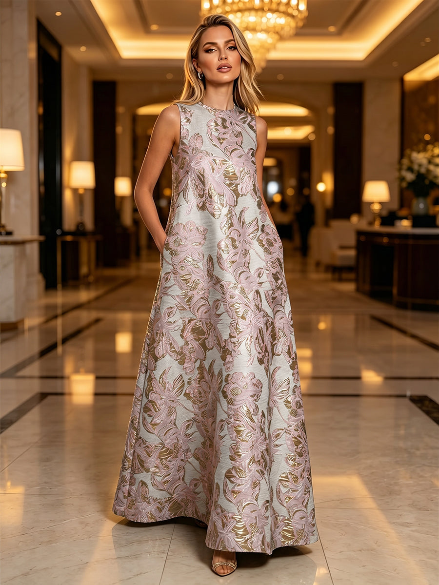 Jacquard A-Line Crew Neck Floral Formal Dresses