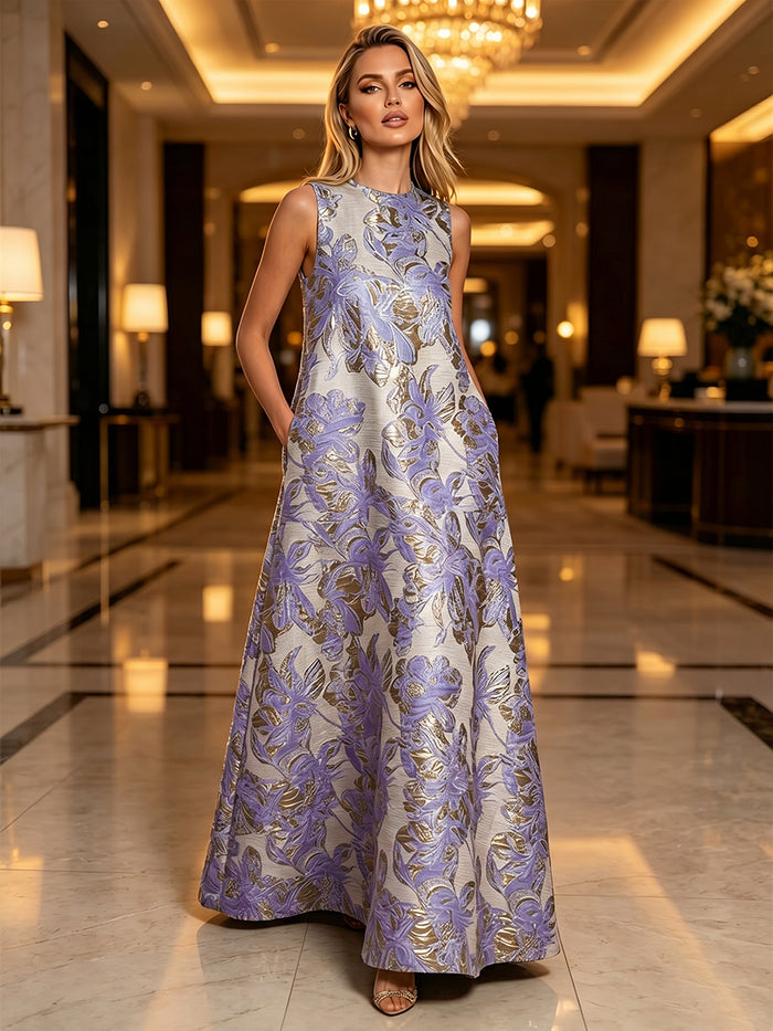 Jacquard A-Line Crew Neck Floral Formal Dresses